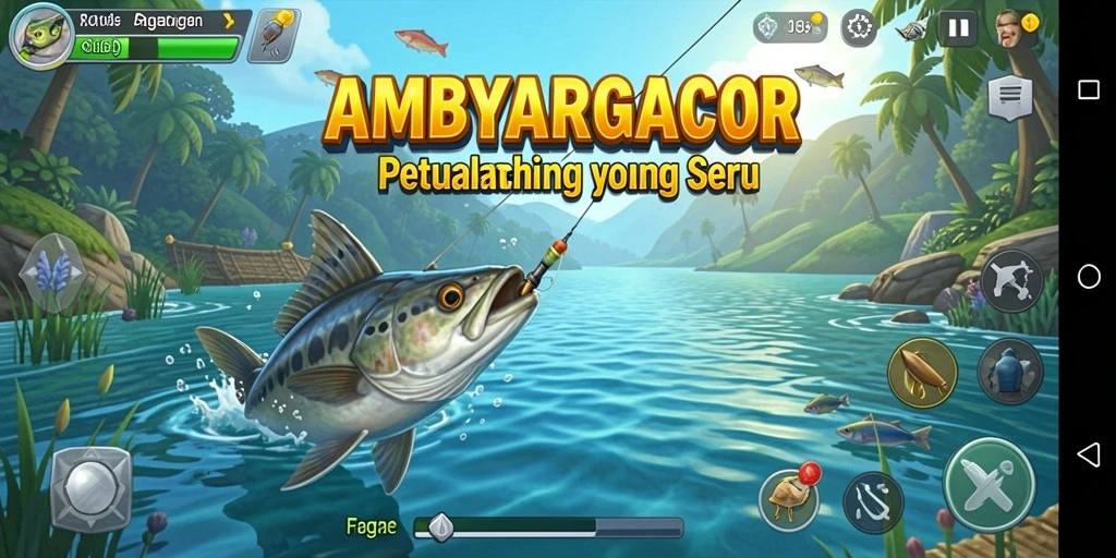 Tampilan gameplay menarik dari AMBYARGACOR saat memancing ikan di danau.