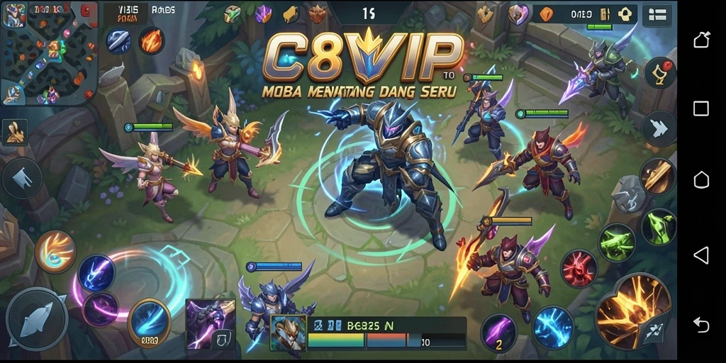Tangkapan layar utama C8VIP menampilkan aksi seru dalam arena MOBA.