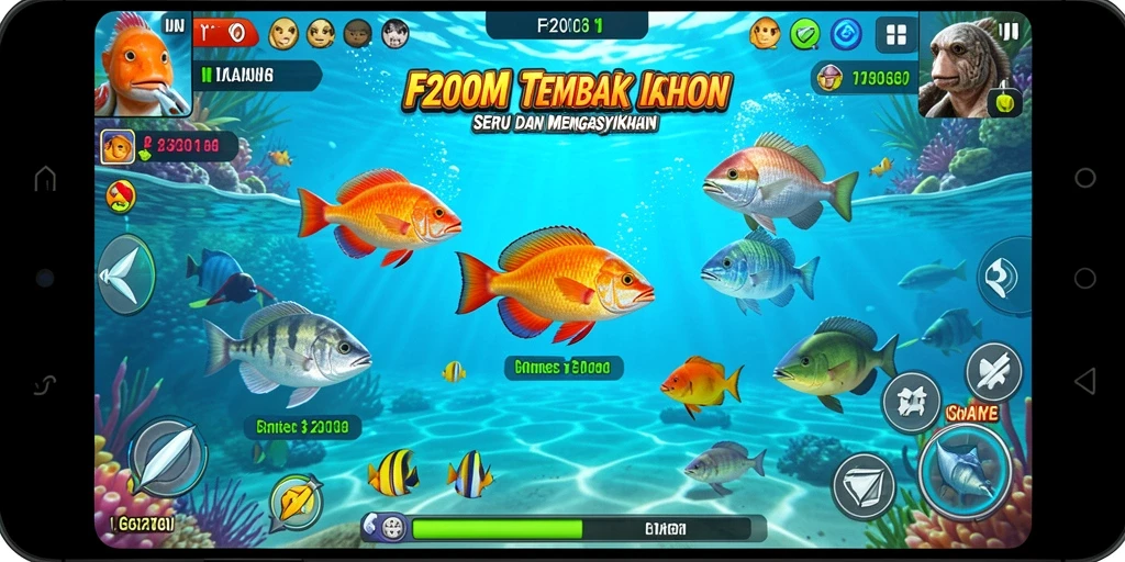 Screenshot utama F200M menampilkan aksi menembak ikan yang seru.
