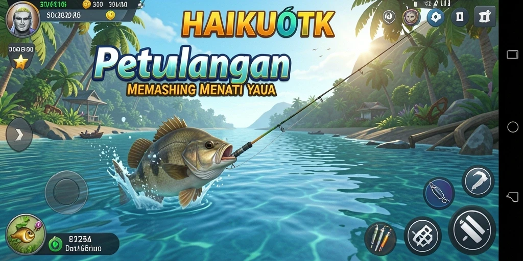 Screenshot gameplay HAIKUOTK menampilkan aksi memancing yang menarik.