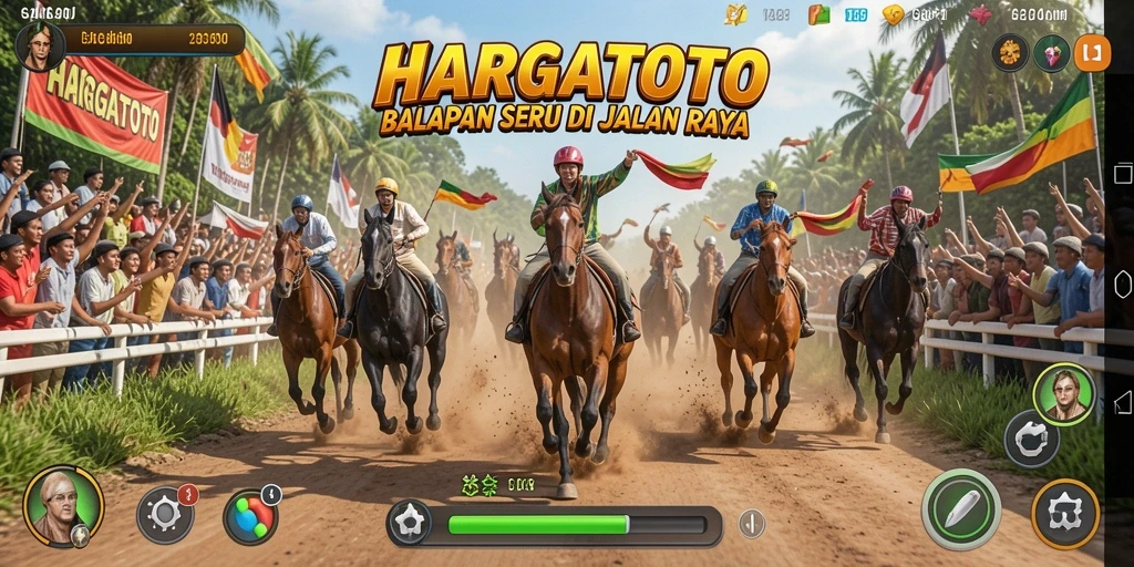 Tangkapan layar gameplay HARGATOTO menampilkan balapan cepat dan mobil yang bertenaga.