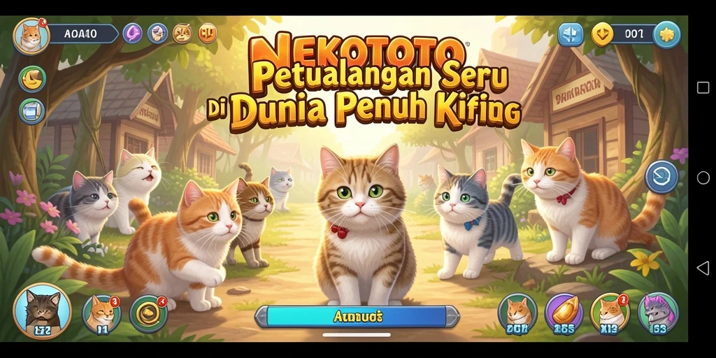 Tampilan gameplay <strong>NEKOTOTO</strong> yang menampilkan berbagai kucing lucu dan misi menarik.